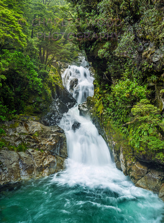 WATERFALL, HOLLYFORD RIVER, SOUTH ISLAND, NEW ZEALAND